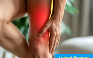 a person with pain from the lateral femoral cutaneous nerve. Includes the path of the nerve as it travels down the leg.