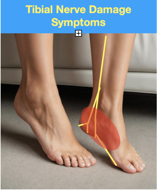 a picture showing the tibial nerve in the ankle and where symptoms occur