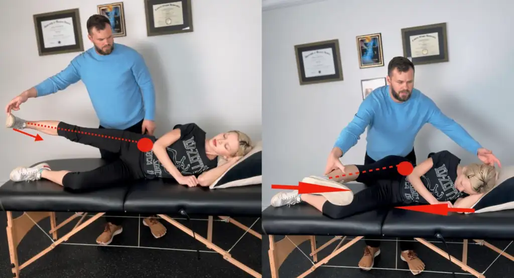 A variation of stretching the sciatic nerve while patient is laying on side.