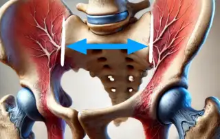 An anatomy illustration depicting a SI joint that is popping.