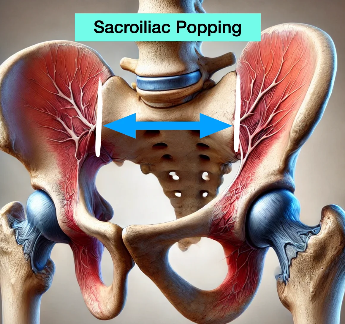 An anatomy illustration depicting a SI joint that is popping.